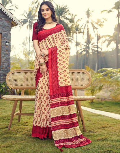 Ready to Wear Beige Cotton Printed Saree