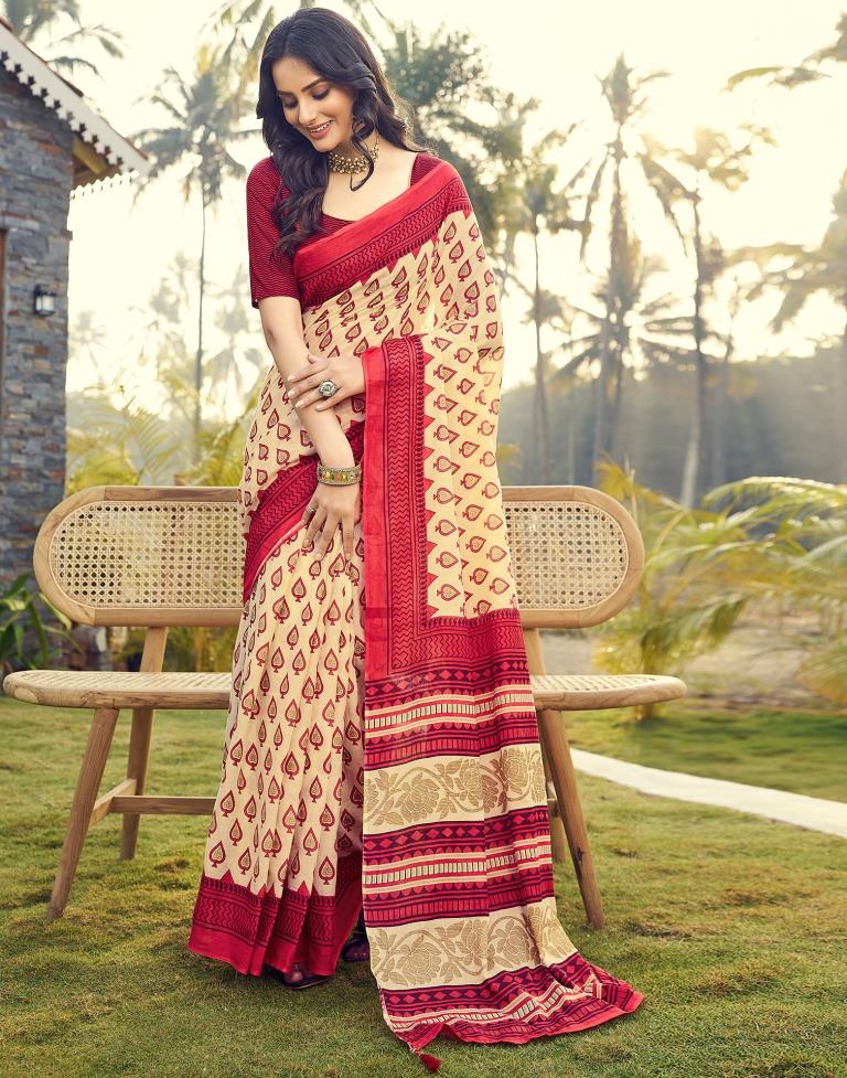 Ready to Wear Beige Cotton Printed Saree