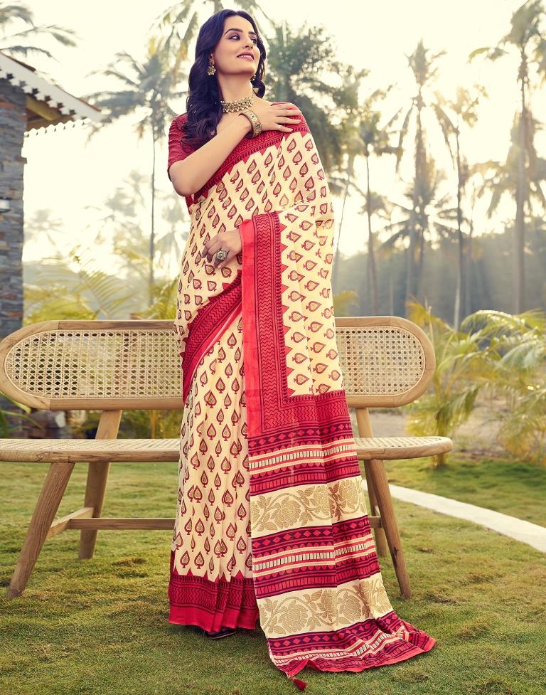 Ready to Wear Beige Cotton Printed Saree