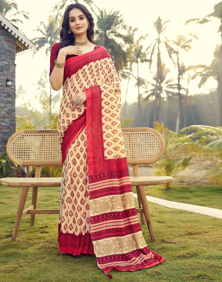 Ready to Wear Beige Cotton Printed Saree