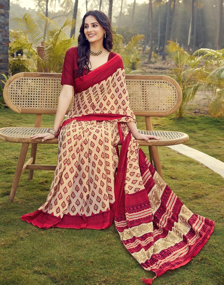 Ready to Wear Beige Cotton Printed Saree