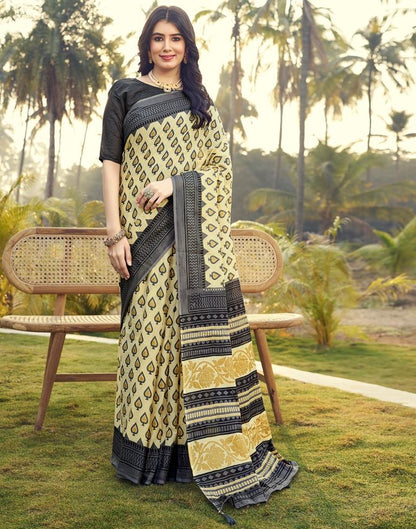 Ready to Wear Pastel Yellow &amp; Grey Cotton Printed Saree