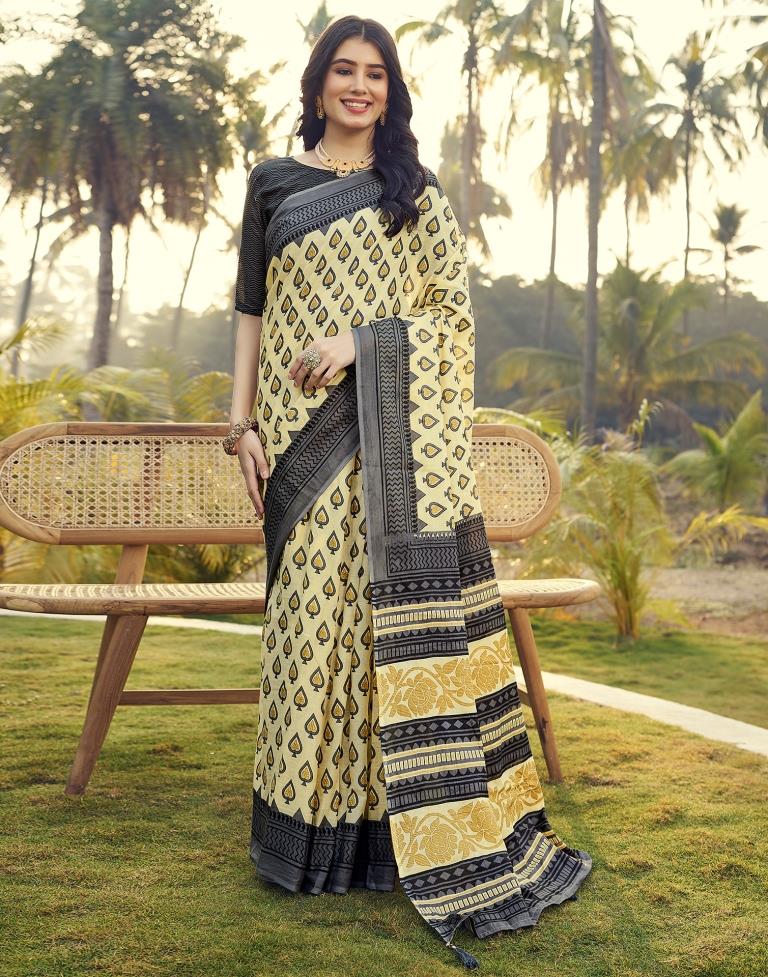 Ready to Wear Pastel Yellow &amp; Grey Cotton Printed Saree