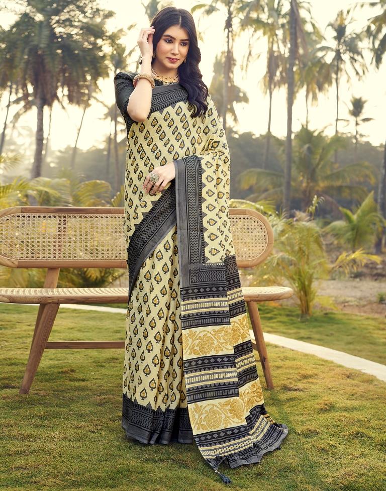 Ready to Wear Pastel Yellow &amp; Grey Cotton Printed Saree