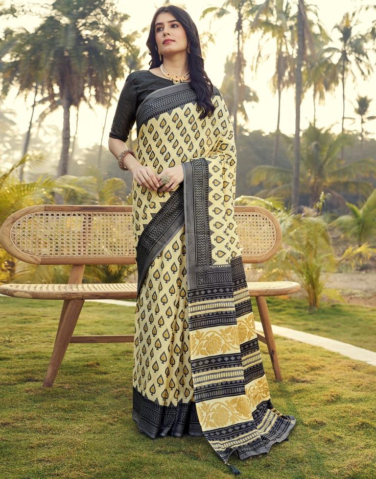 Ready to Wear Pastel Yellow &amp; Grey Cotton Printed Saree