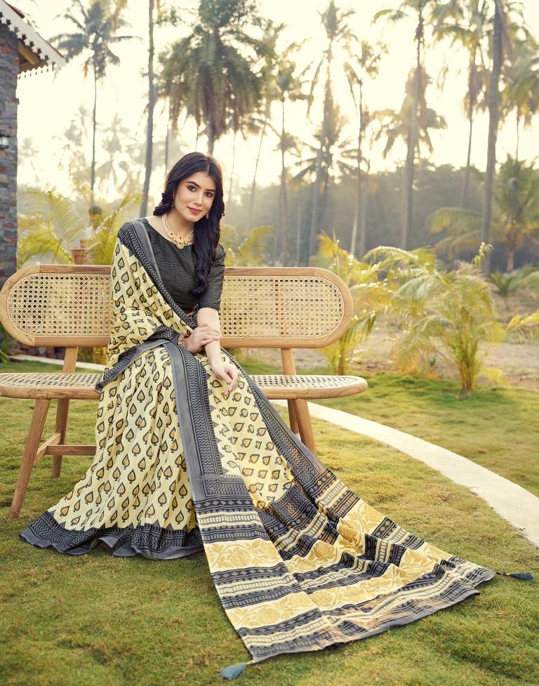 Ready to Wear Pastel Yellow &amp; Grey Cotton Printed Saree