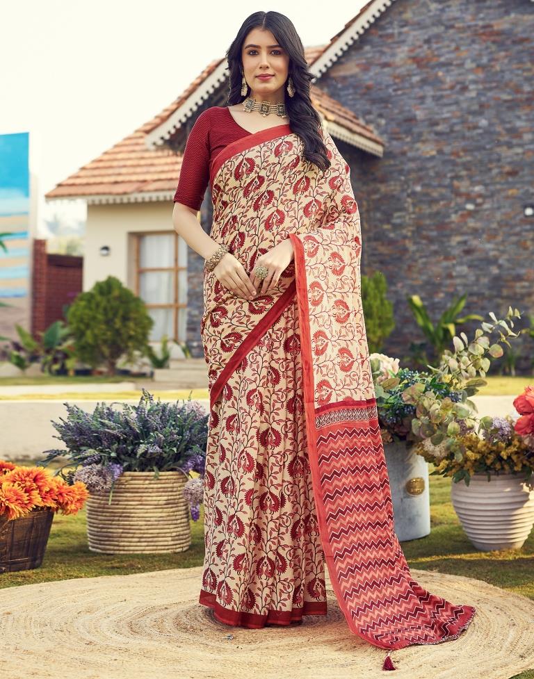 Ready to Wear Beige &amp; Red Cotton Printed Saree