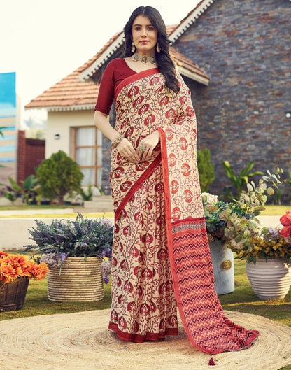 Ready to Wear Beige &amp; Red Cotton Printed Saree