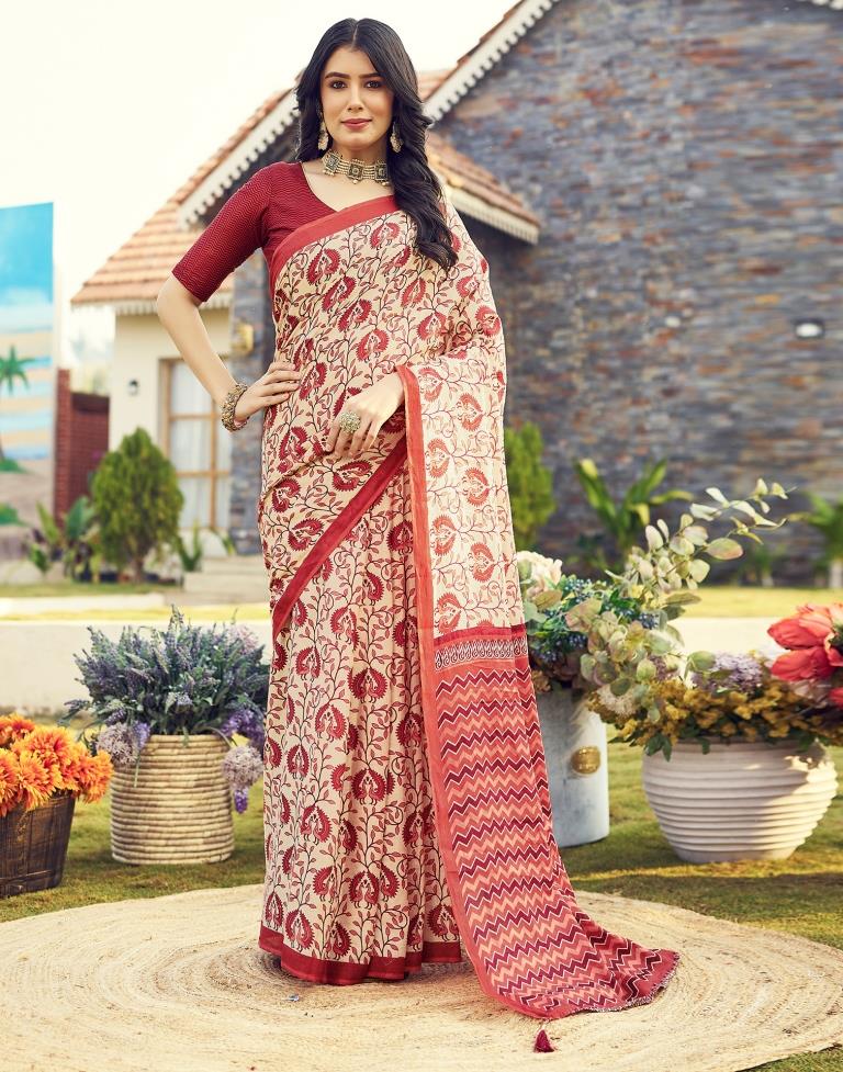 Ready to Wear Beige &amp; Red Cotton Printed Saree