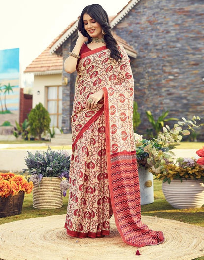 Ready to Wear Beige &amp; Red Cotton Printed Saree