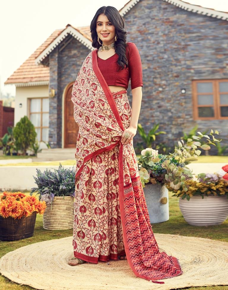 Ready to Wear Beige &amp; Red Cotton Printed Saree