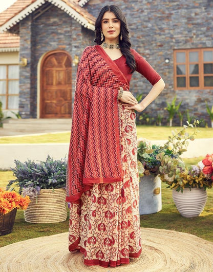 Ready to Wear Beige &amp; Red Cotton Printed Saree