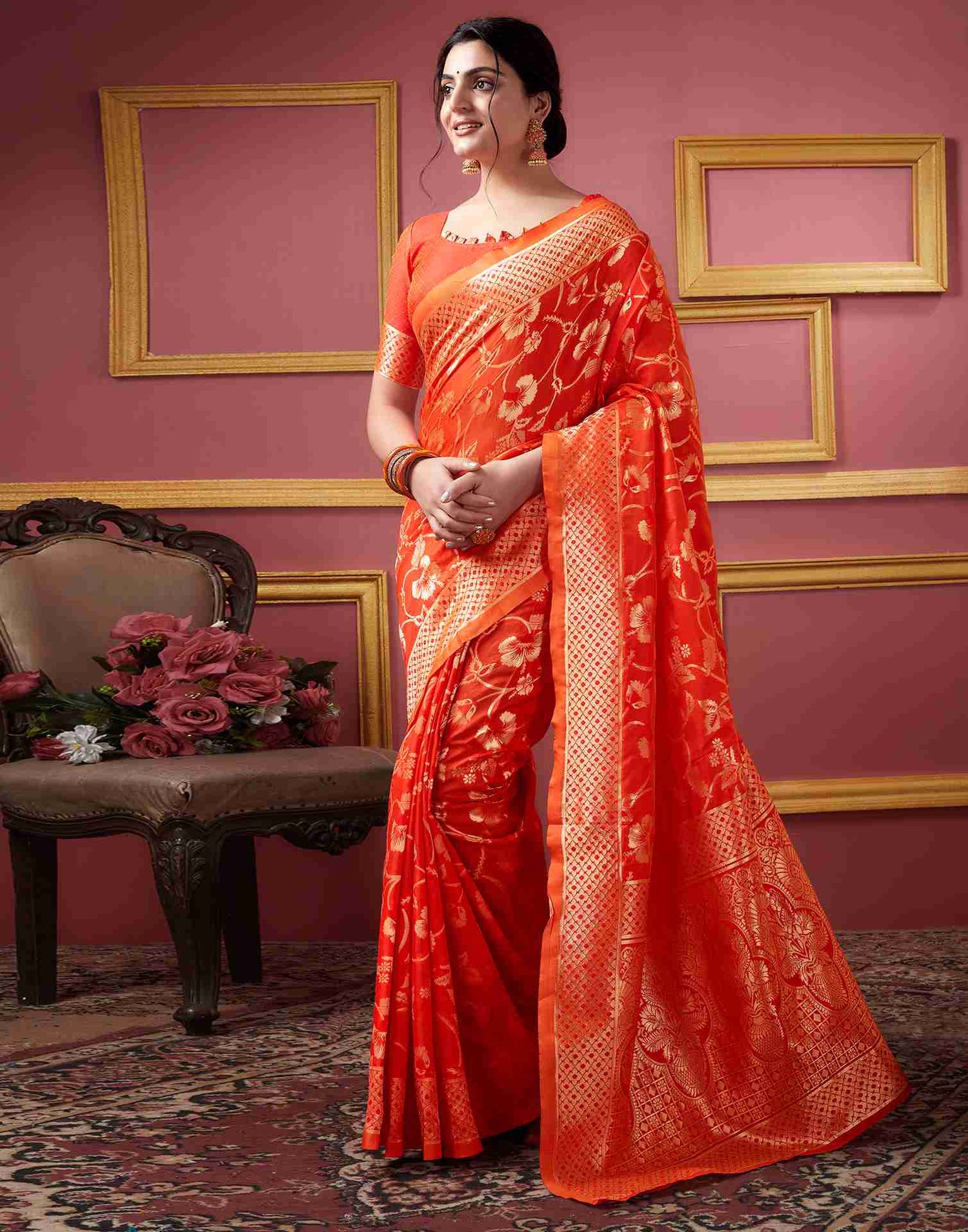 Orange Floral Banarasi Silk Saree