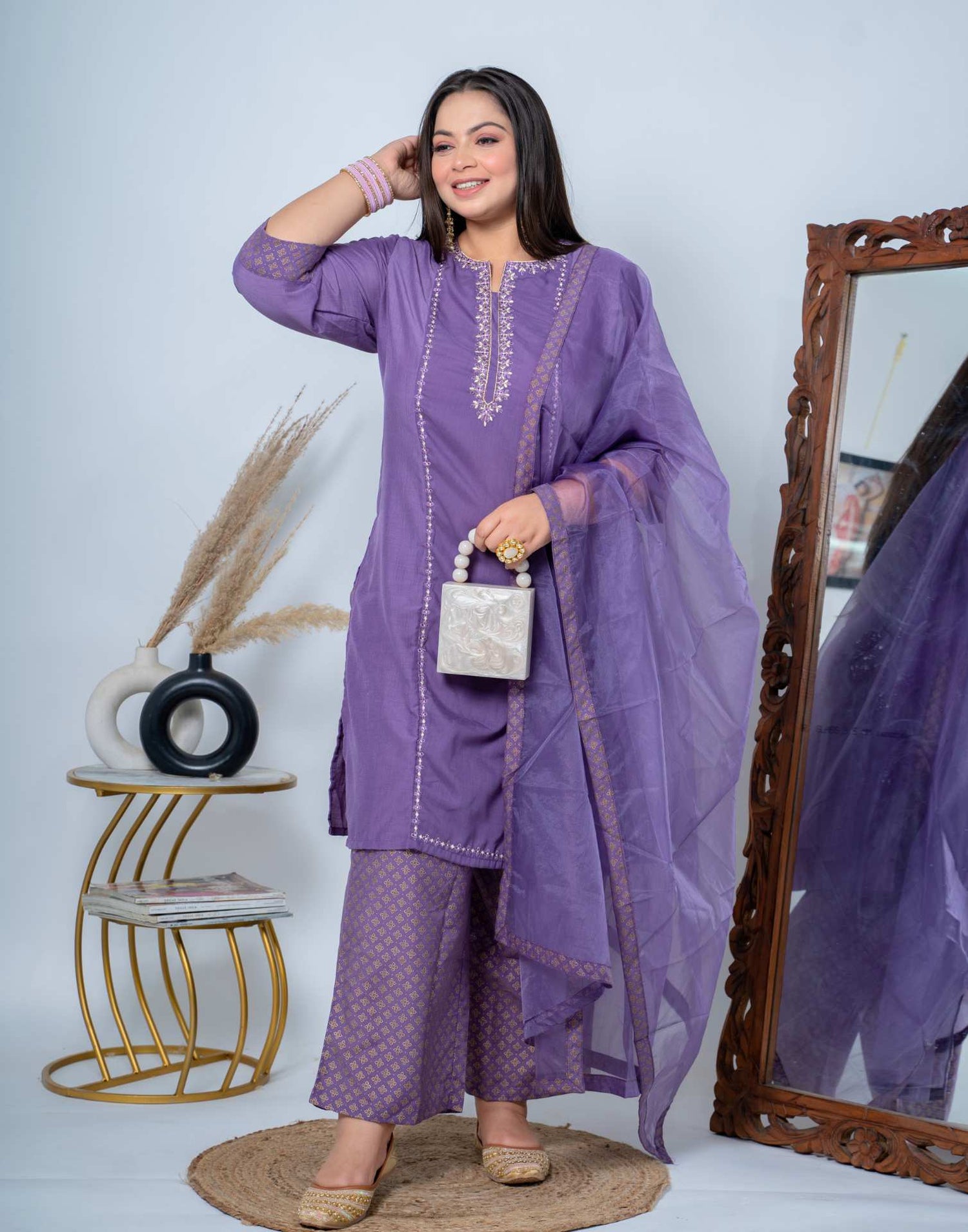 Pastel Purple Kurti With Pant And Dupatta | Leemboodi