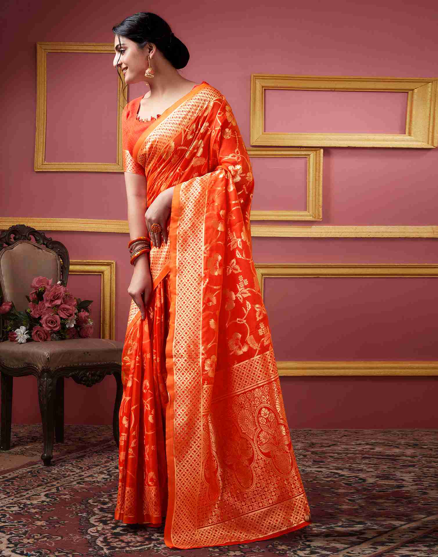 Orange Floral Banarasi Silk Saree