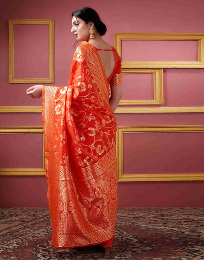 Orange Floral Banarasi Silk Saree