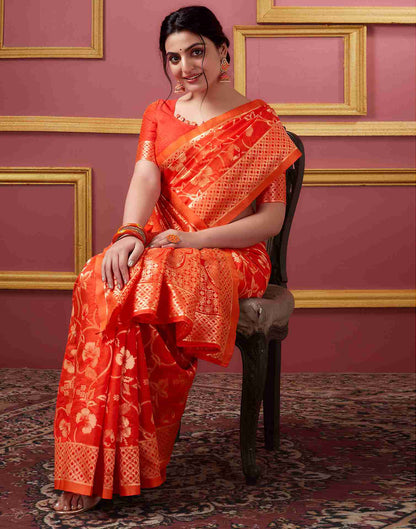 Orange Floral Banarasi Silk Saree