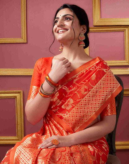 Orange Floral Banarasi Silk Saree