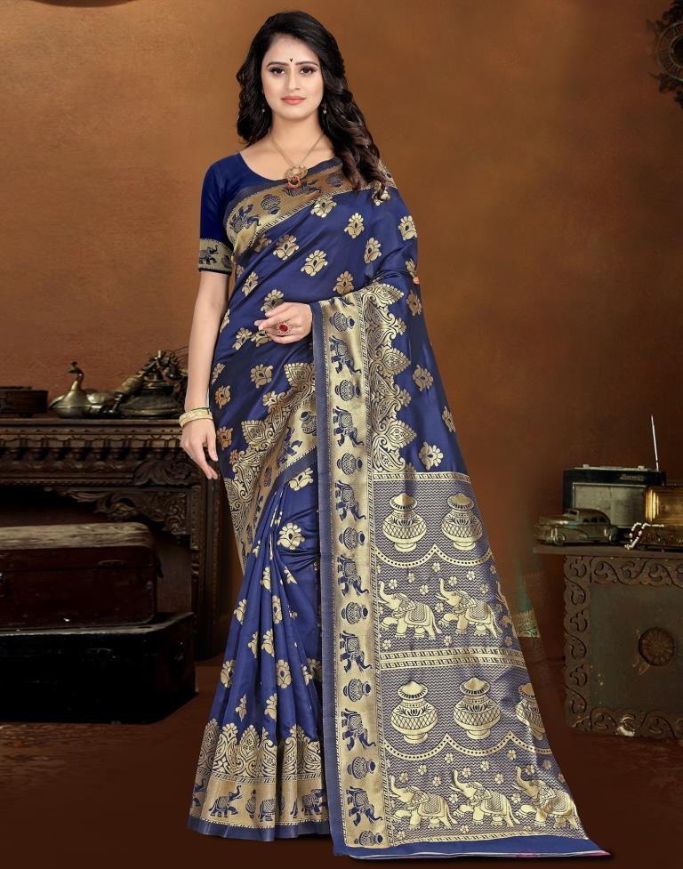 Navy Blue Jacquard Banarasi Silk Saree