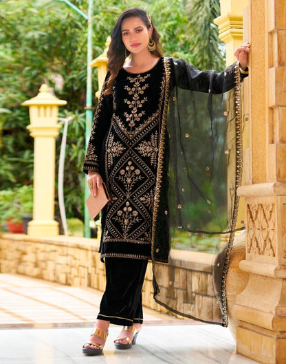 Black Embroidery Velvet Straight Kurta With Pant And Dupatta