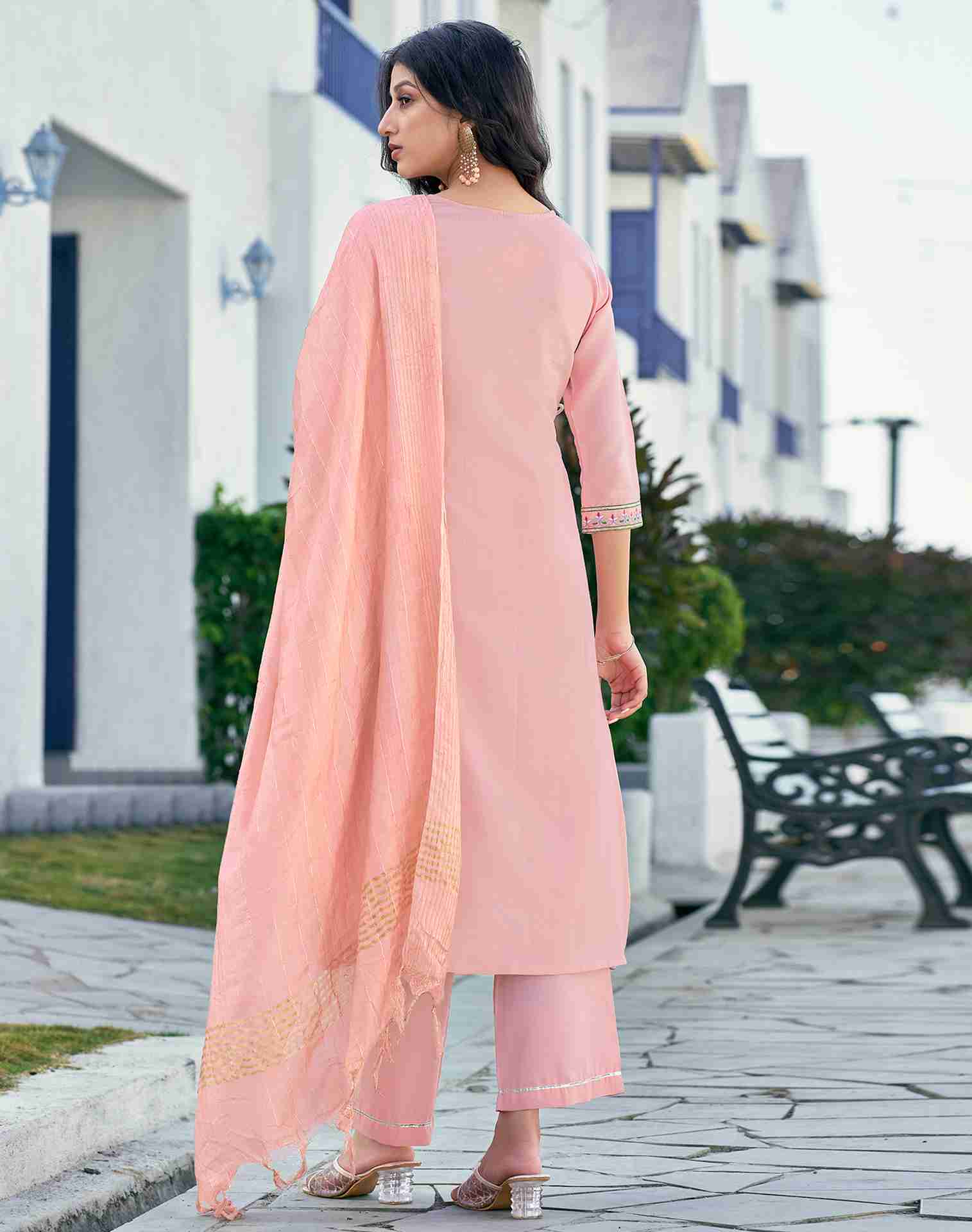 Peach Embroidery Rayon A-Line Kurta With Pant And Dupatta