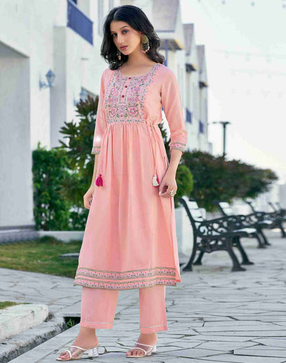 Peach Embroidery Rayon A-Line Kurta With Pant And Dupatta