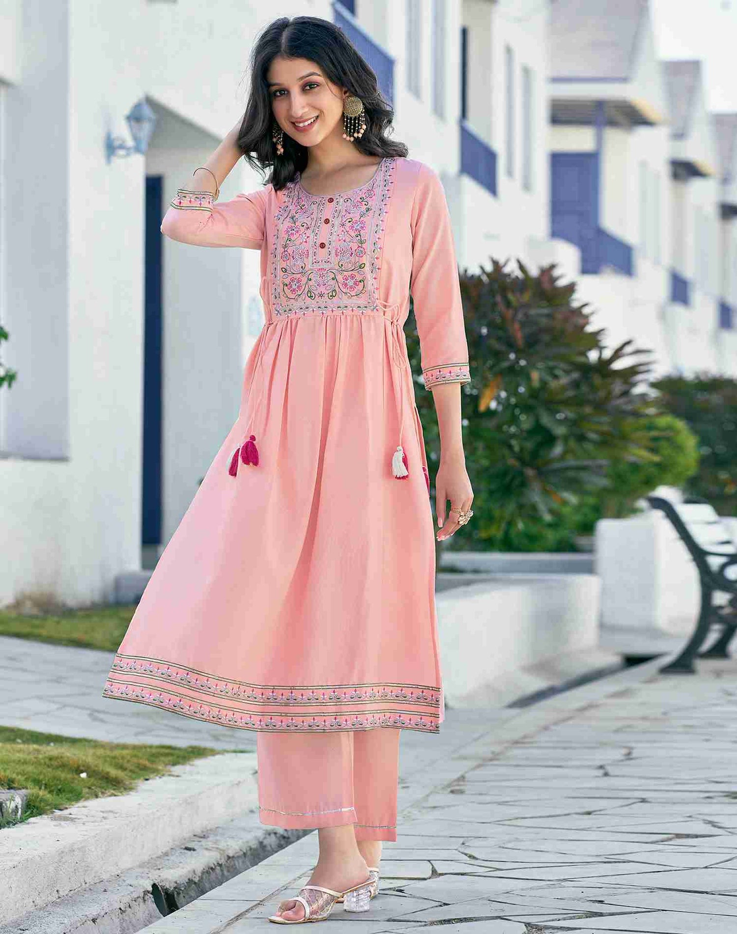 Peach Embroidery Rayon A-Line Kurta With Pant And Dupatta