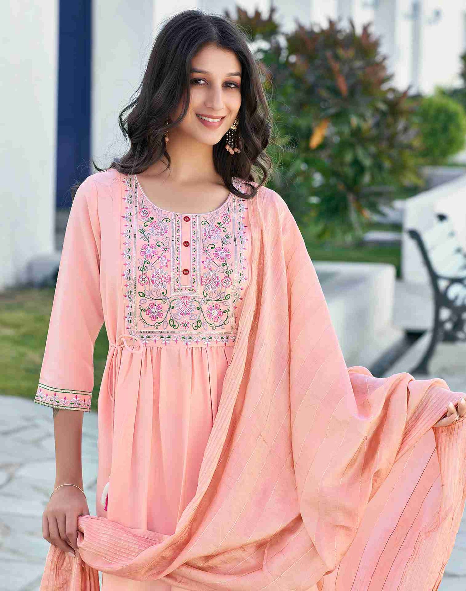 Peach Embroidery Rayon A-Line Kurta With Pant And Dupatta