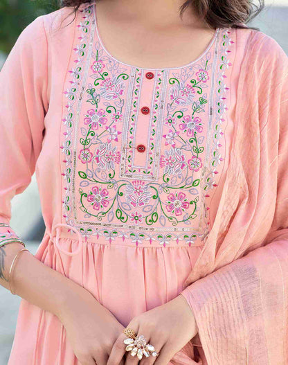 Peach Embroidery Rayon A-Line Kurta With Pant And Dupatta