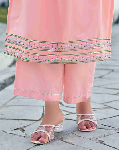 Peach Embroidery Rayon A-Line Kurta With Pant And Dupatta