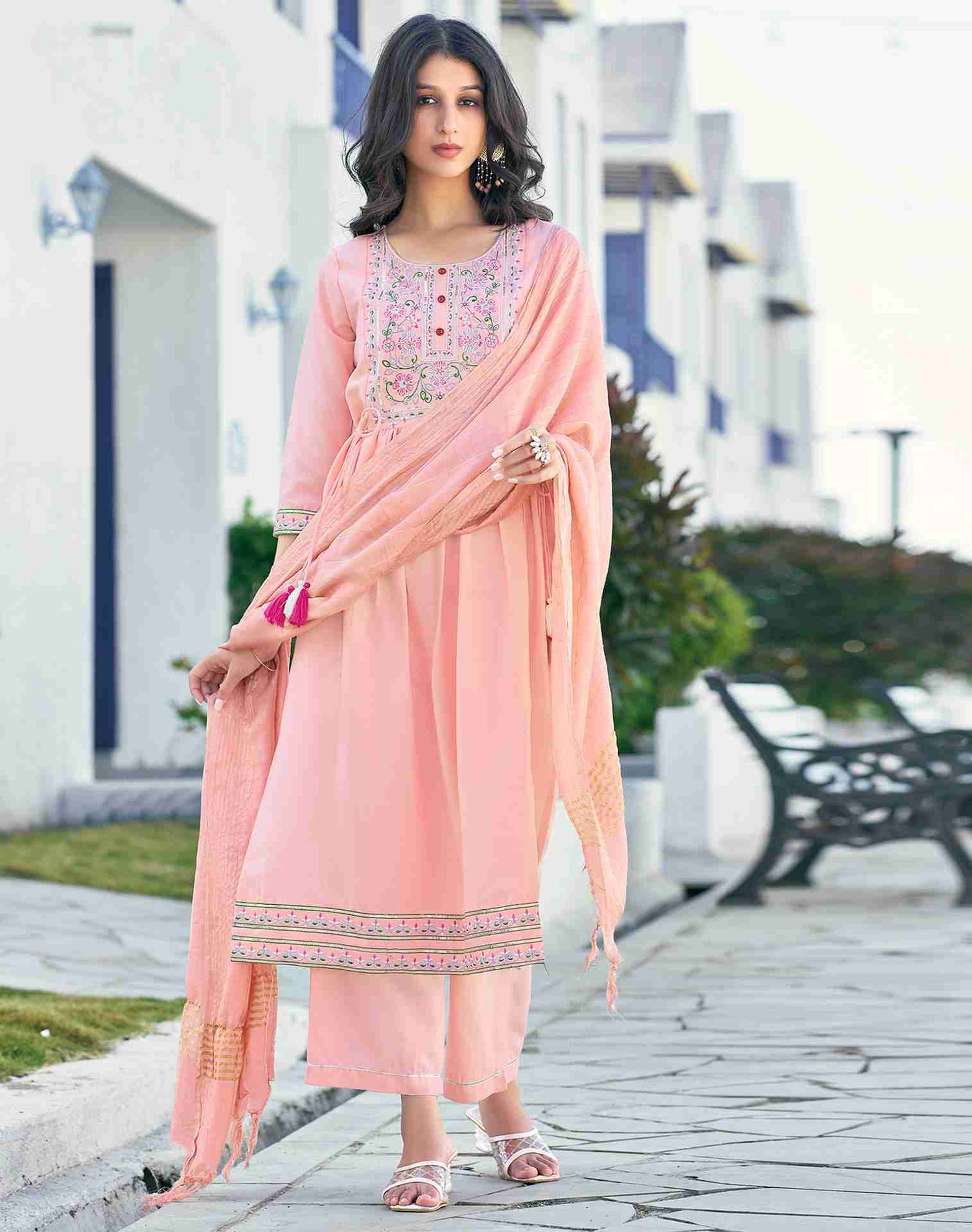 Peach Embroidery Rayon A-Line Kurta With Pant And Dupatta