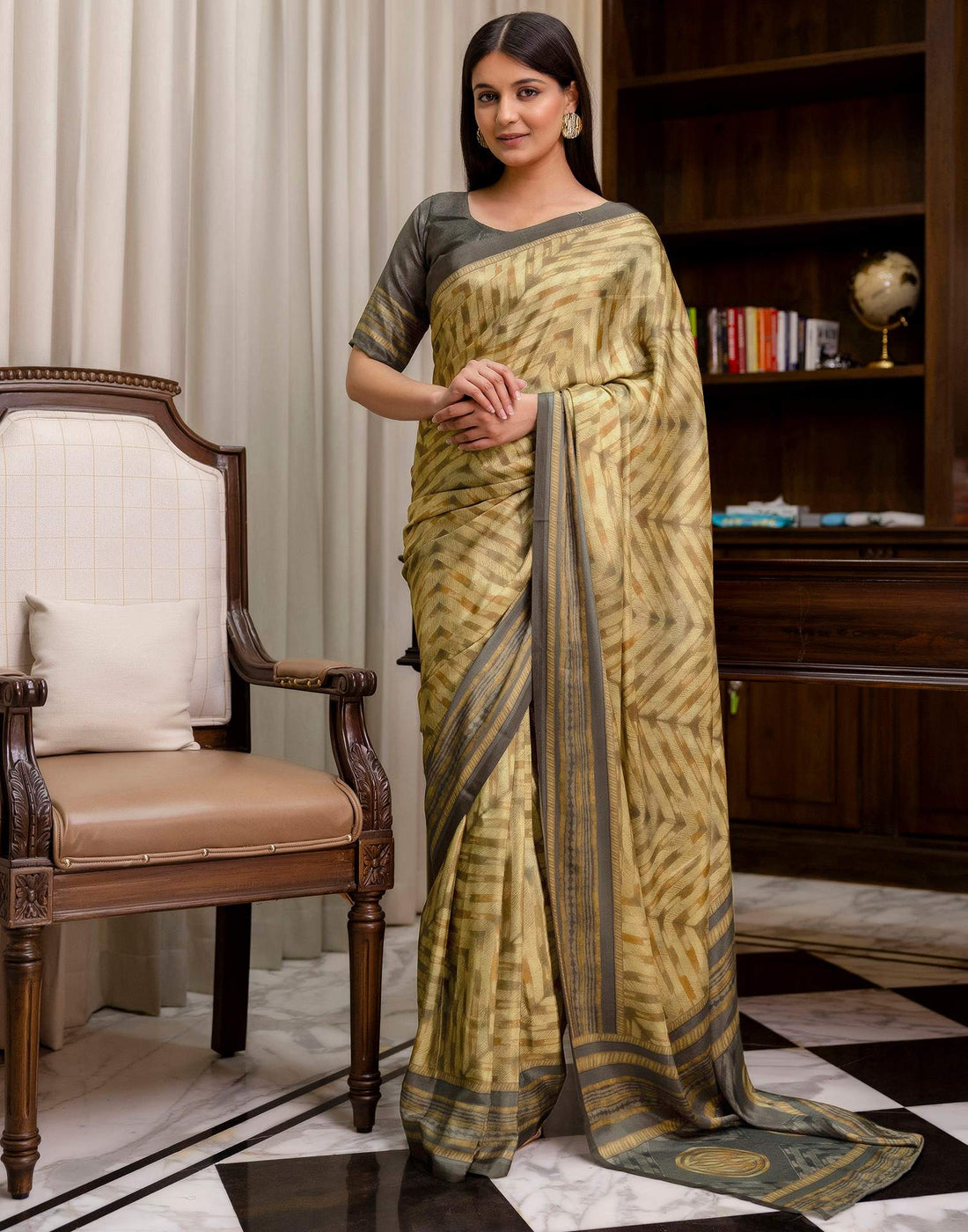Ready To Wear Olive Green Chinnon Printed Saree