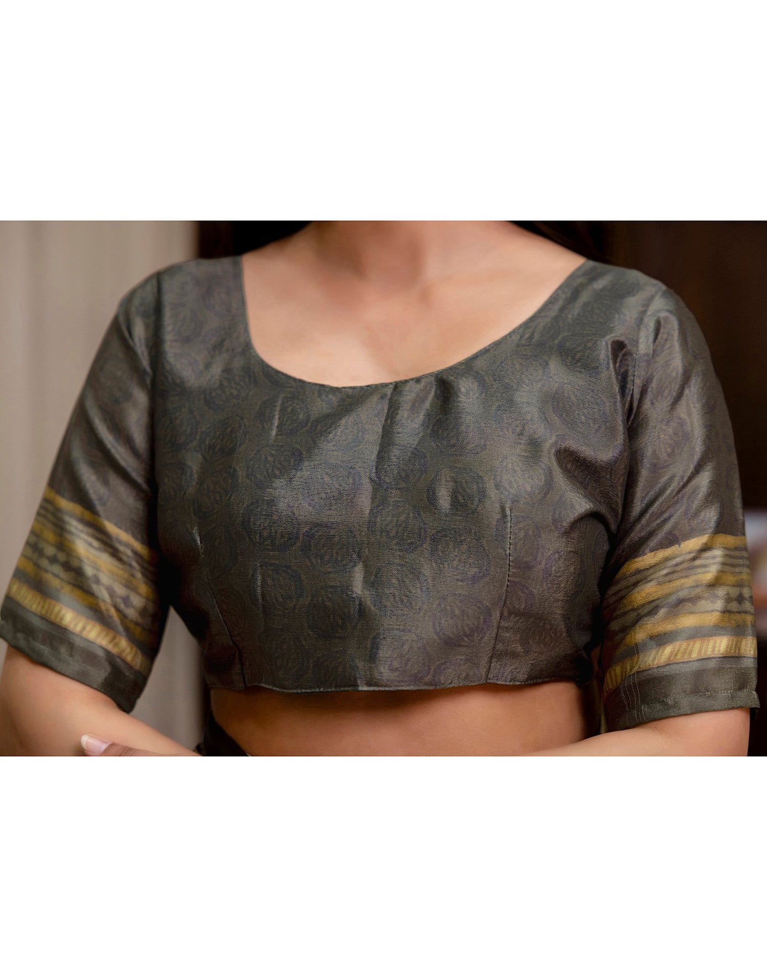 Ready To Wear Olive Green Chinnon Printed Saree