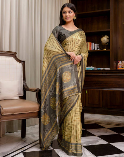Ready To Wear Olive Green Chinnon Printed Saree