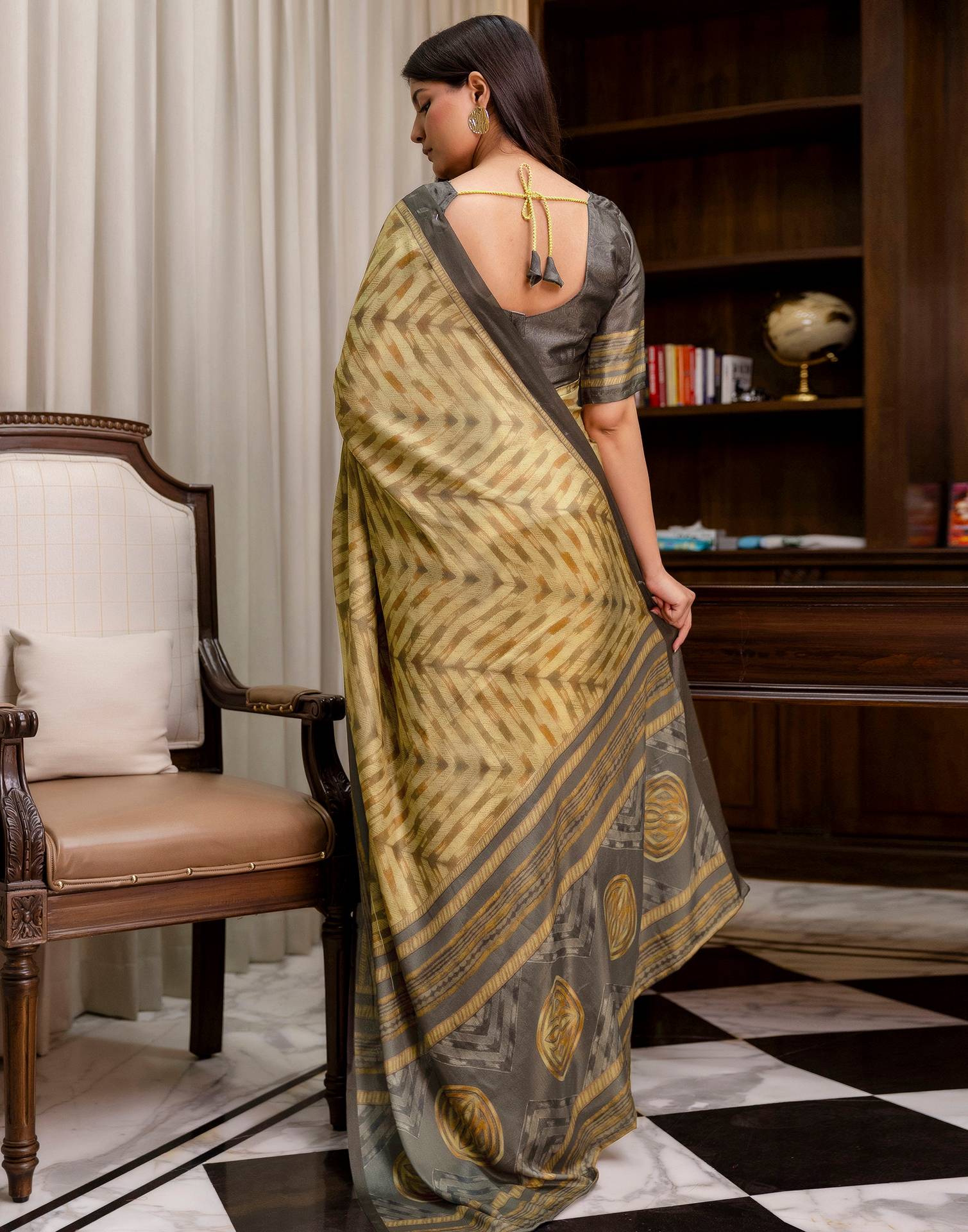 Ready To Wear Olive Green Chinnon Printed Saree