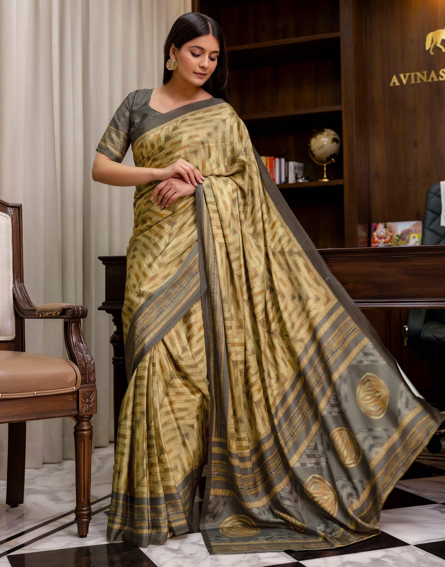 Ready To Wear Olive Green Chinnon Printed Saree