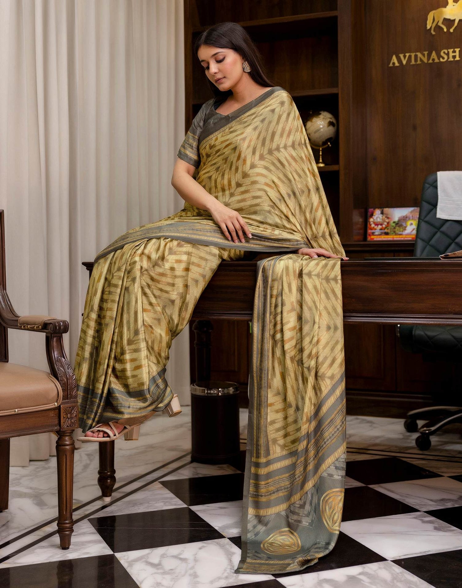 Ready To Wear Olive Green Chinnon Printed Saree