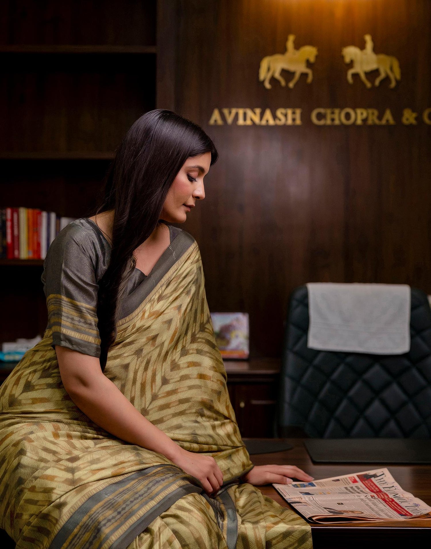 Ready To Wear Olive Green Chinnon Printed Saree