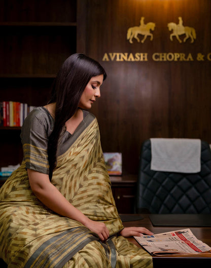 Ready To Wear Olive Green Chinnon Printed Saree