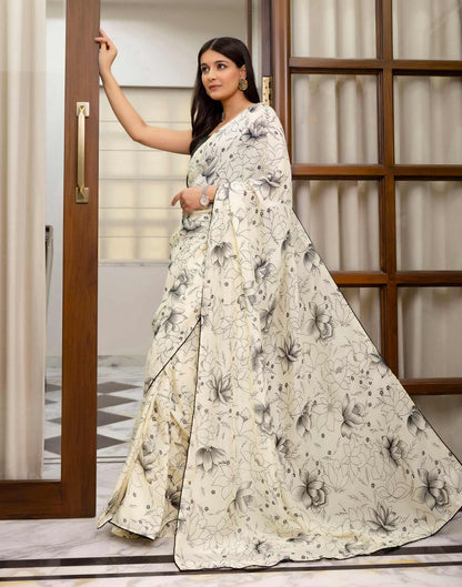 Ready To Wear Off White Chinnon Printed Saree
