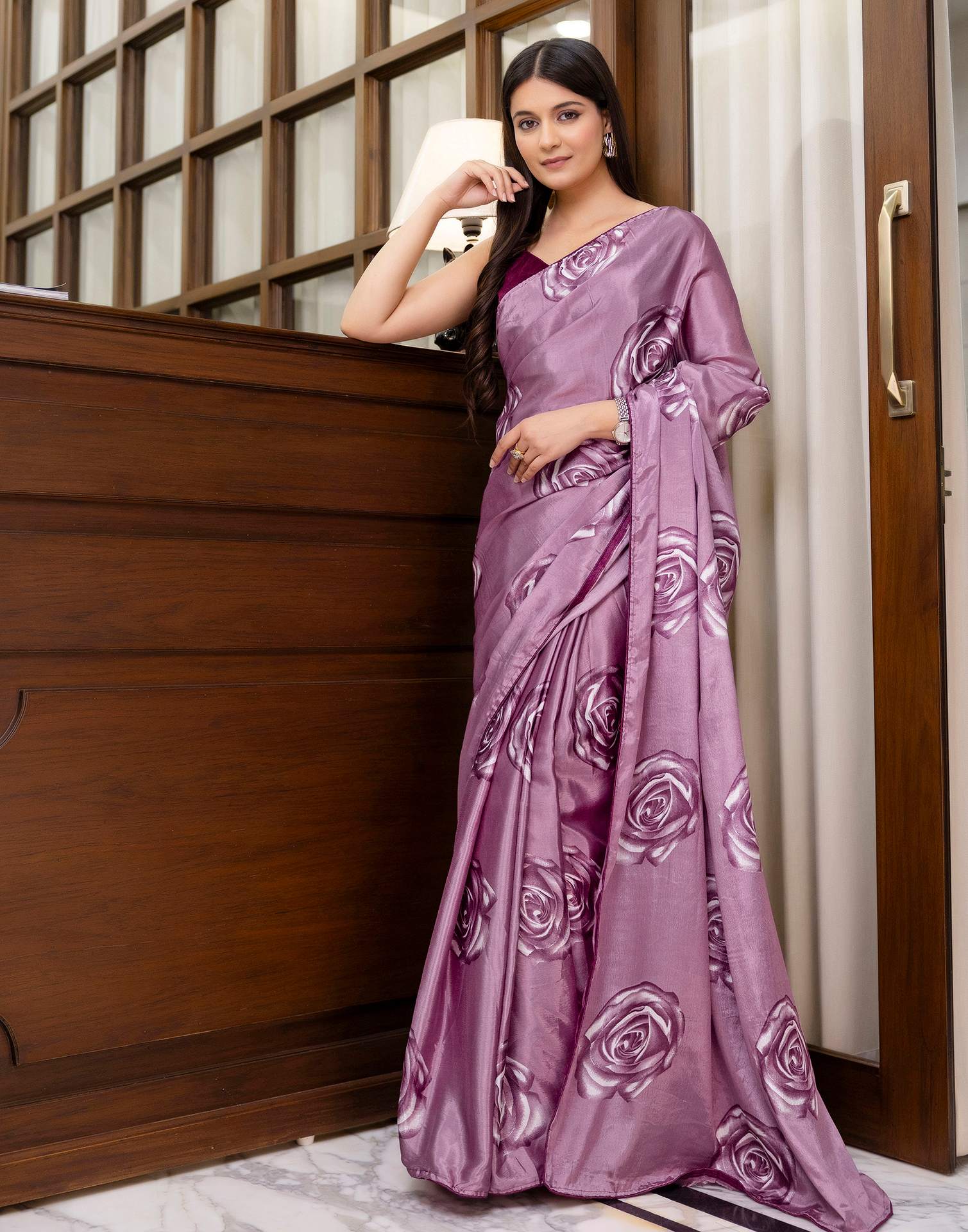 Ready To Wear Mauve Chinnon Floral Printed Saree