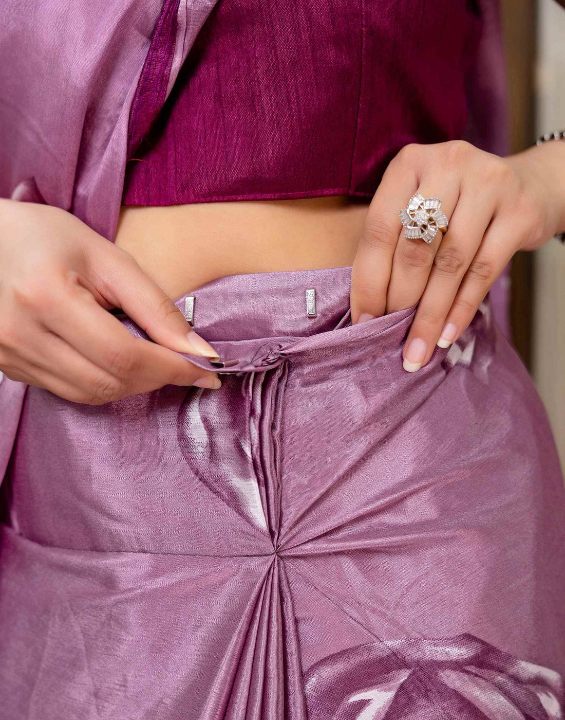 Ready To Wear Mauve Chinnon Floral Printed Saree