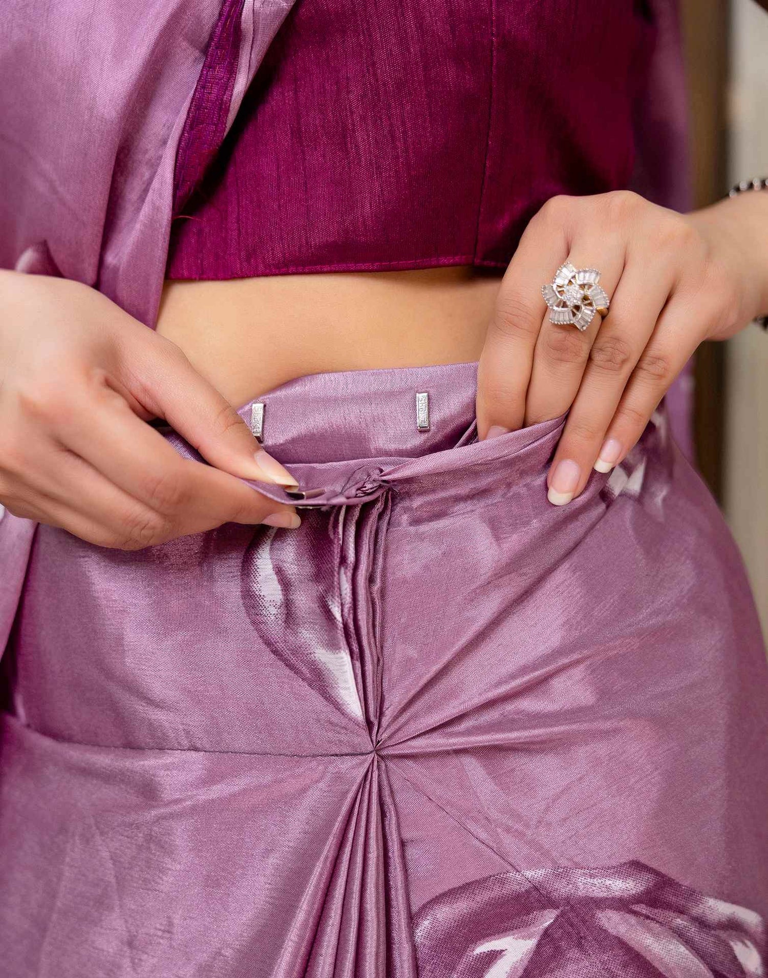 Ready To Wear Mauve Chinnon Floral Printed Saree