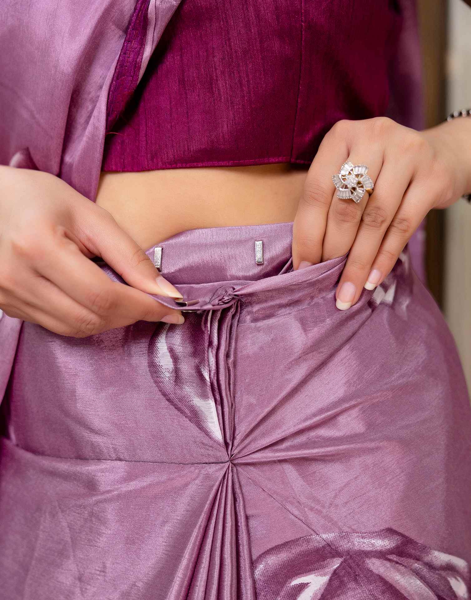 Ready To Wear Mauve Chinnon Floral Printed Saree