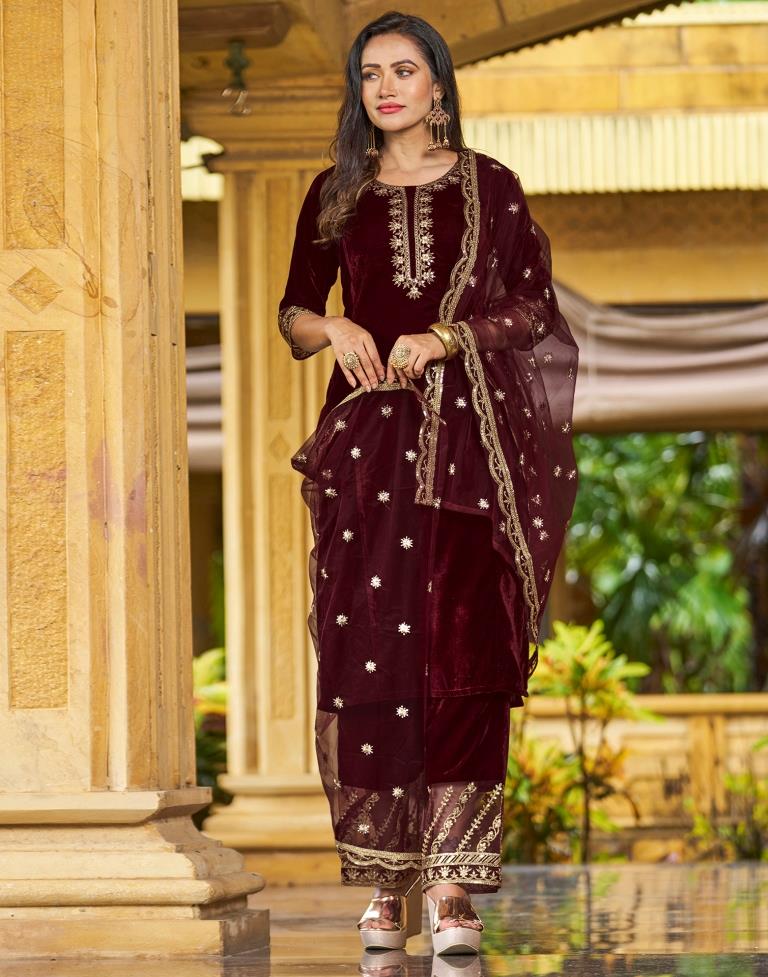 Maroon Embroidery Velvet Straight Kurta With Pant And Dupatta