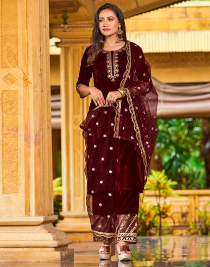 Maroon Embroidery Velvet Straight Kurta With Pant And Dupatta