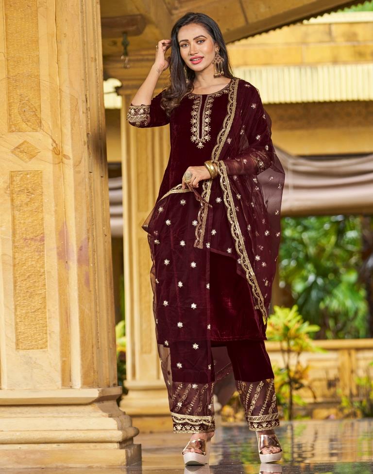 Maroon Embroidery Velvet Straight Kurta With Pant And Dupatta