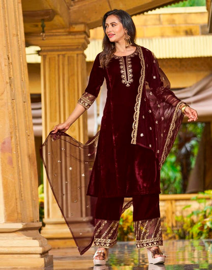 Maroon Embroidery Velvet Straight Kurta With Pant And Dupatta