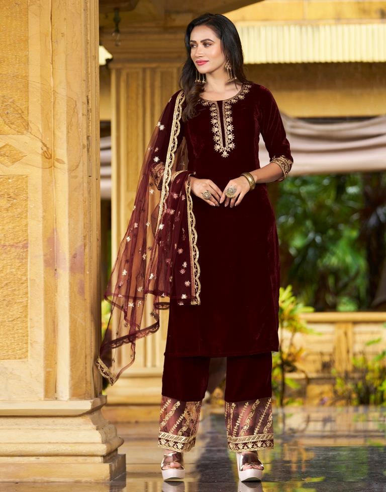 Maroon Embroidery Velvet Straight Kurta With Pant And Dupatta