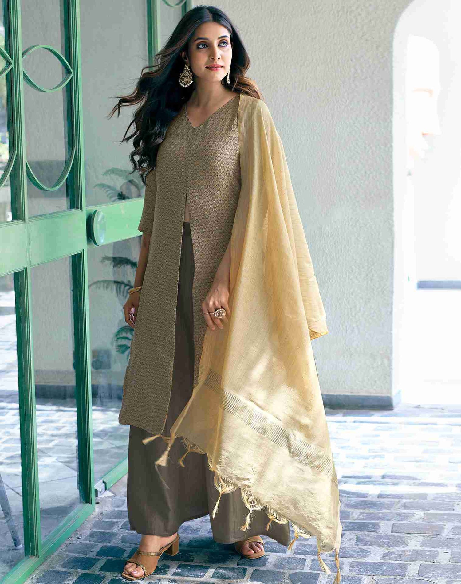 Beige Woven Chinnon A-Line Kurta With Pant And Dupatta